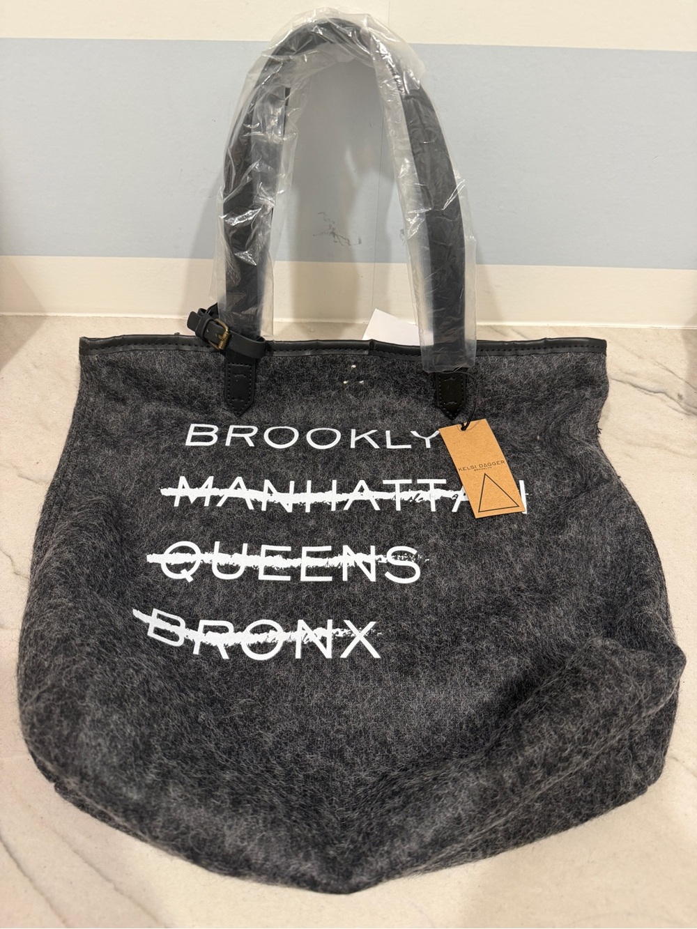 Kelsi Dagger Brooklyn Gray Felt Tote Bag with City Print NWT